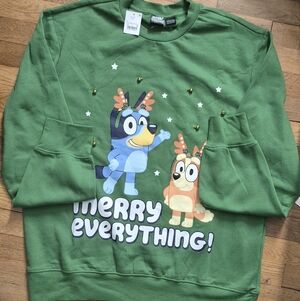 Bluey And Bingo Adult Size XL Green Merry Everything Sweater With Bells Cold